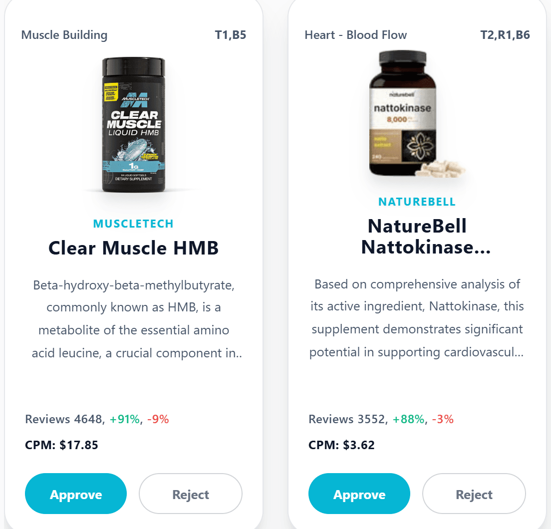 Two recommended supplements as graded cards: the evidence tier, the rank, how many biohackers take it, the cost per month and the review count