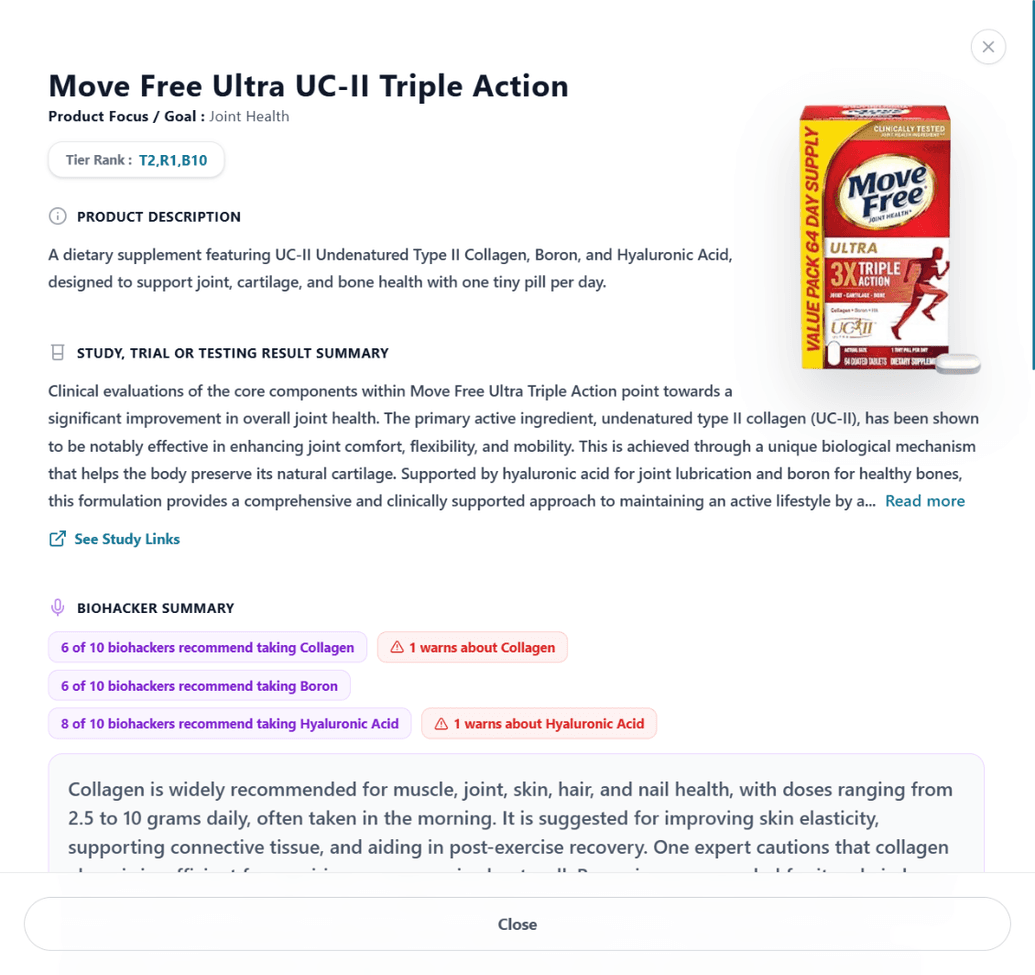Science-backed supplements research panel for Move Free Ultra UC-II: tier rank T2,R1,B10, the joint health study summary and the biohacker counts for collagen, boron and hyaluronic acid