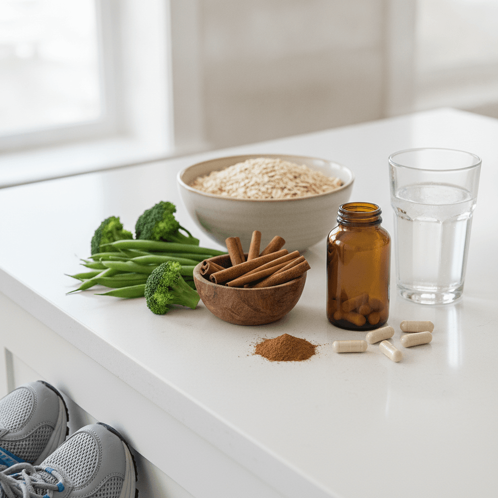 How to lower A1C: cinnamon sticks, an amber supplement bottle and capsules beside oats, green beans, broccoli, a glass of water and walking shoes