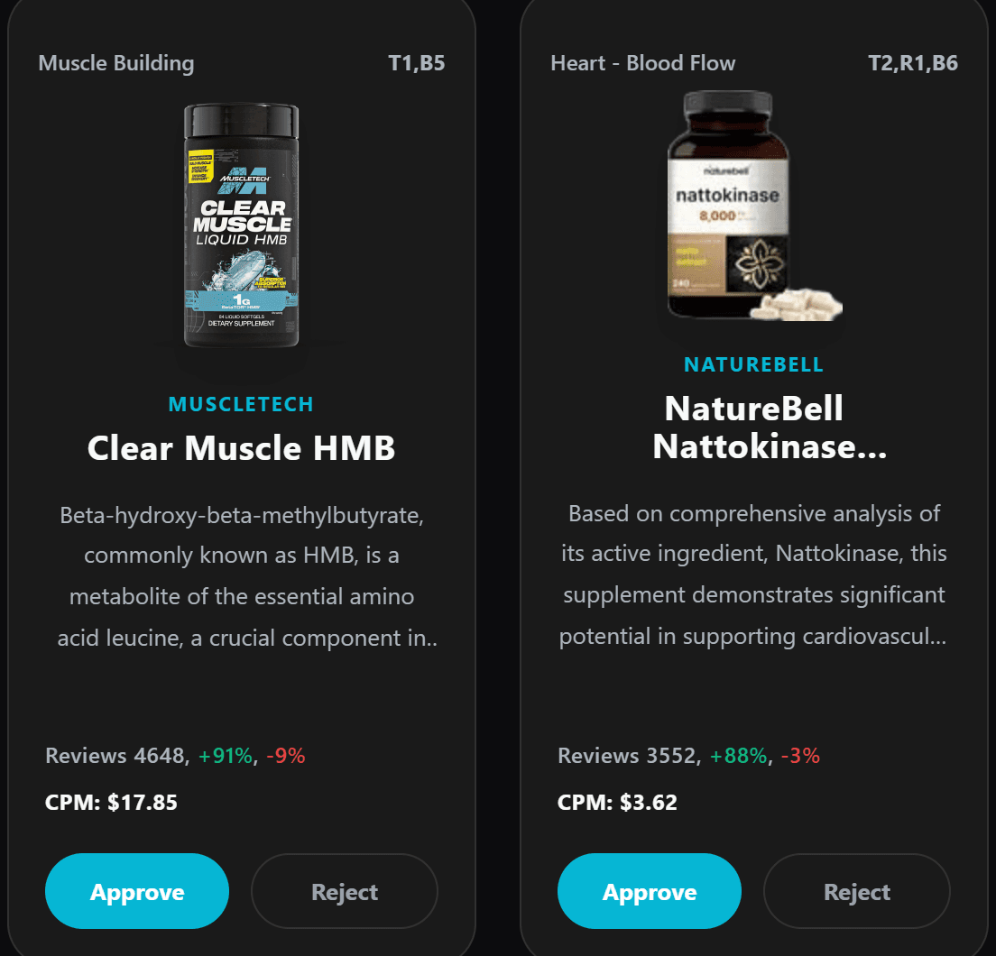 Two recommended supplements as graded cards: the evidence tier, the rank, how many biohackers take it, the cost per month and the review count