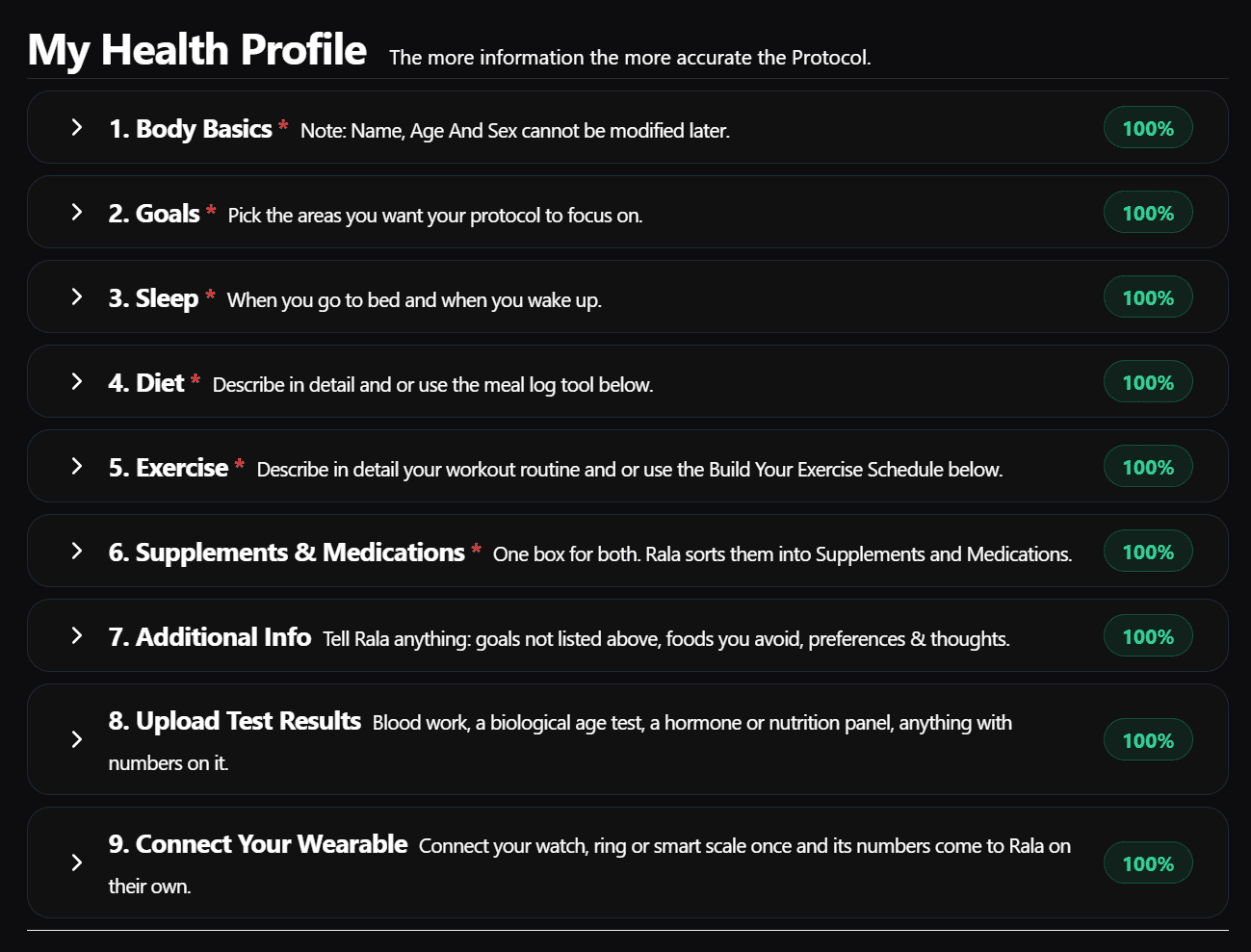 The health profile: nine sections, body basics, goals, sleep, diet, exercise, supplements and medications, additional information, test results and wearable, each with how complete it is