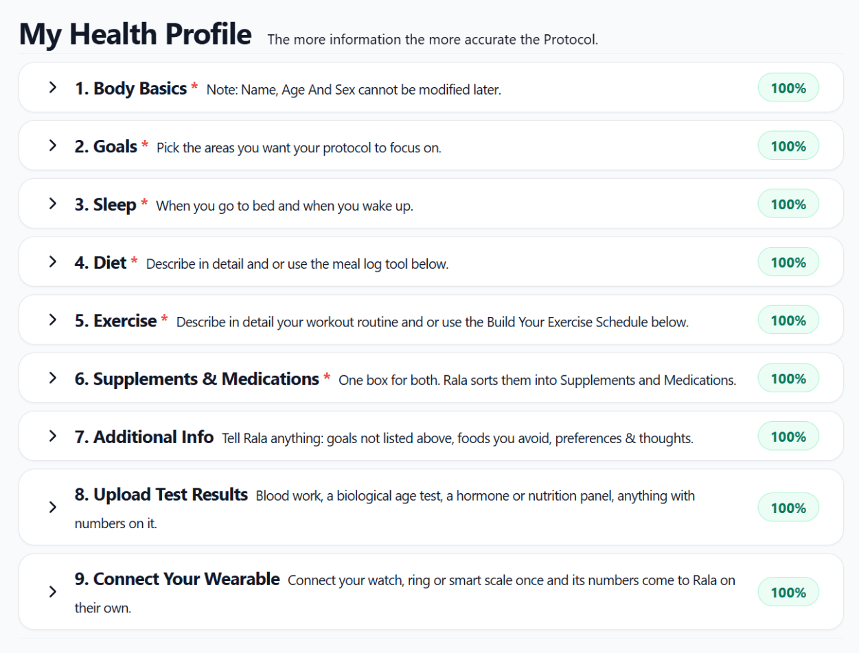The health profile: nine sections, body basics, goals, sleep, diet, exercise, supplements and medications, additional information, test results and wearable, each with how complete it is