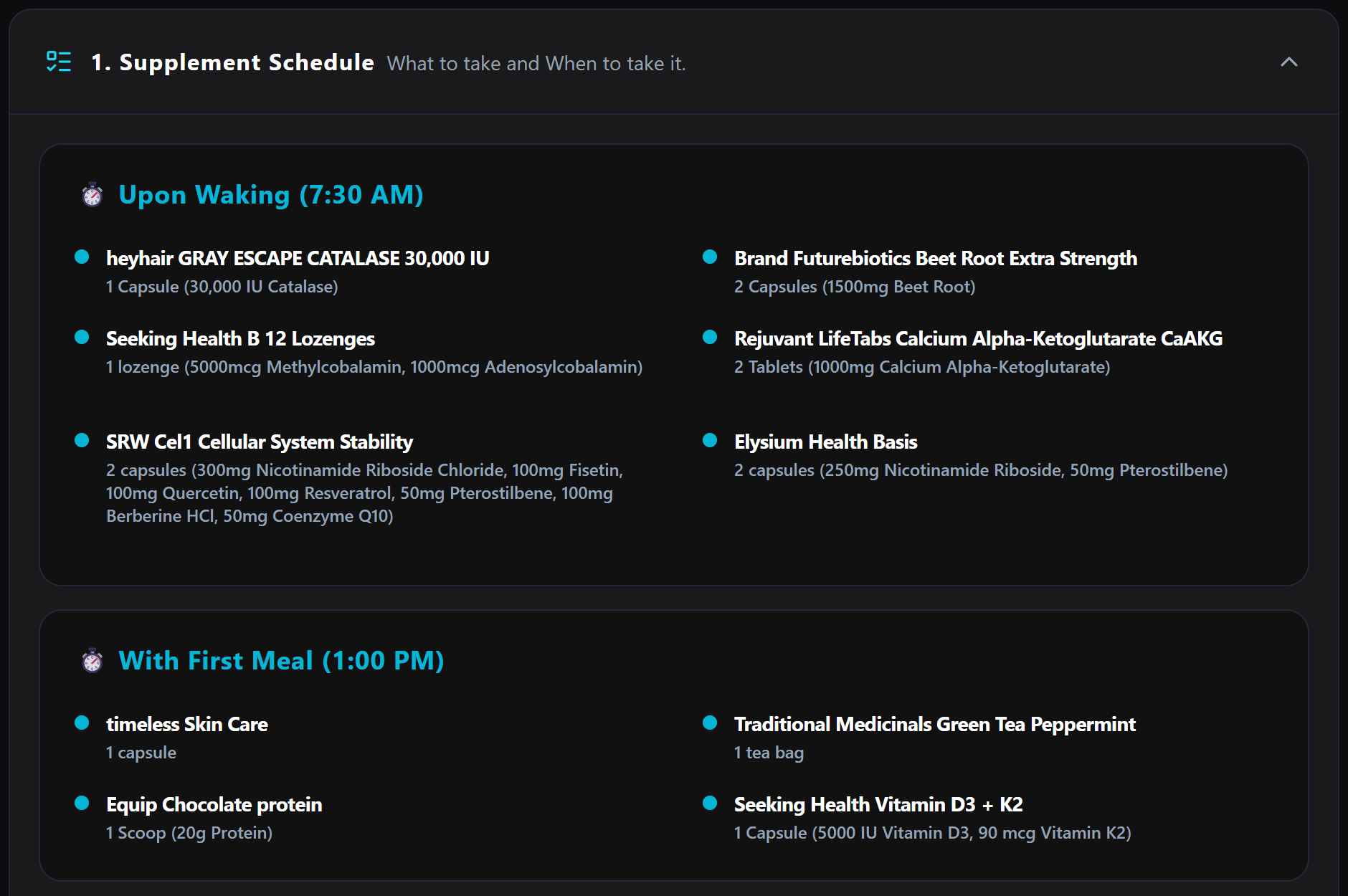 The supplement schedule: time blocks around the member's own day, each product with its dose