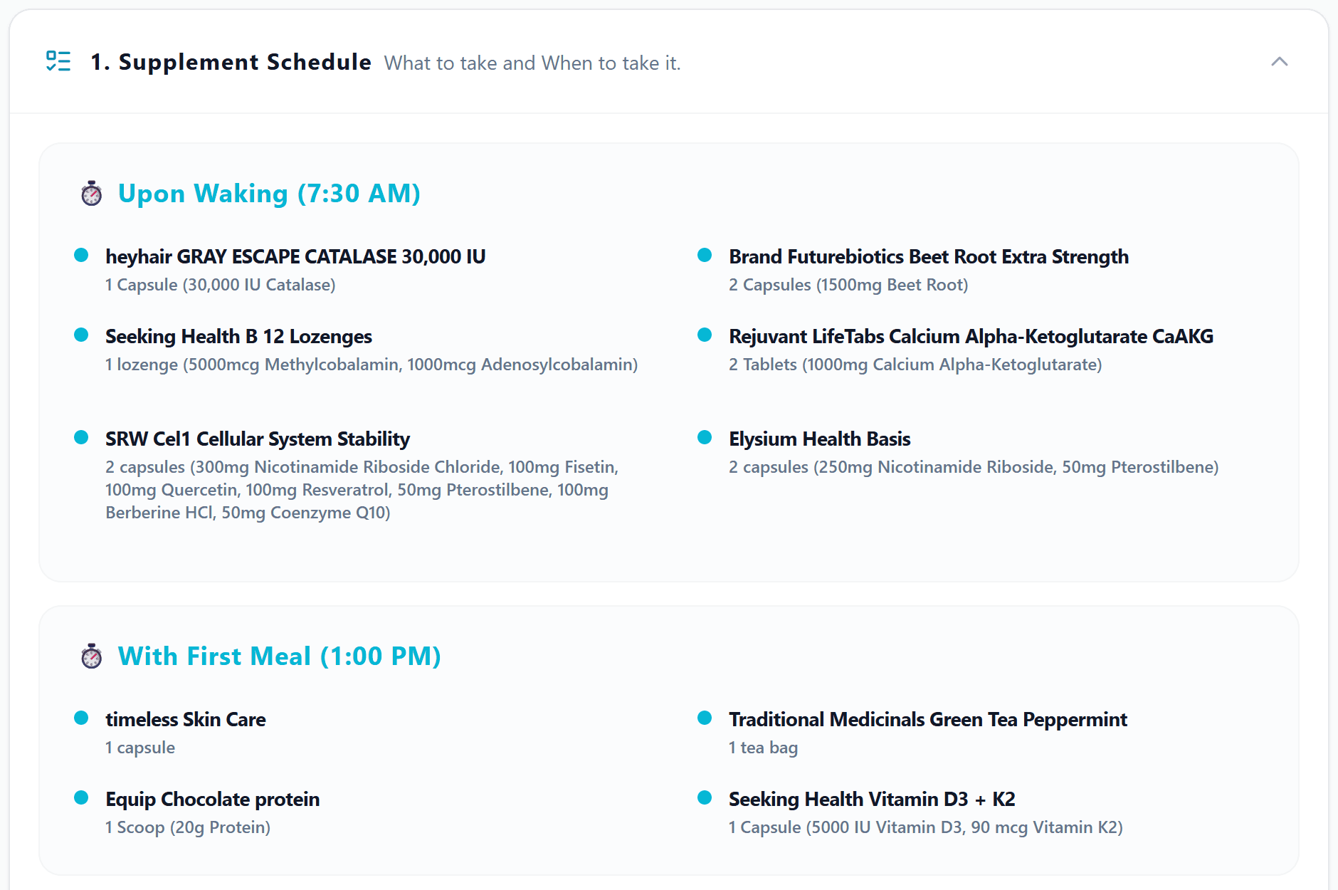 The supplement schedule: time blocks around the member's own day, each product with its dose