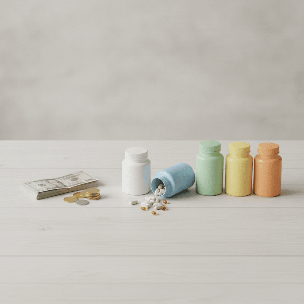 Are supplements a waste of money? Pastel supplement bottles and spilled capsules beside a few banknotes and coins on a white table
