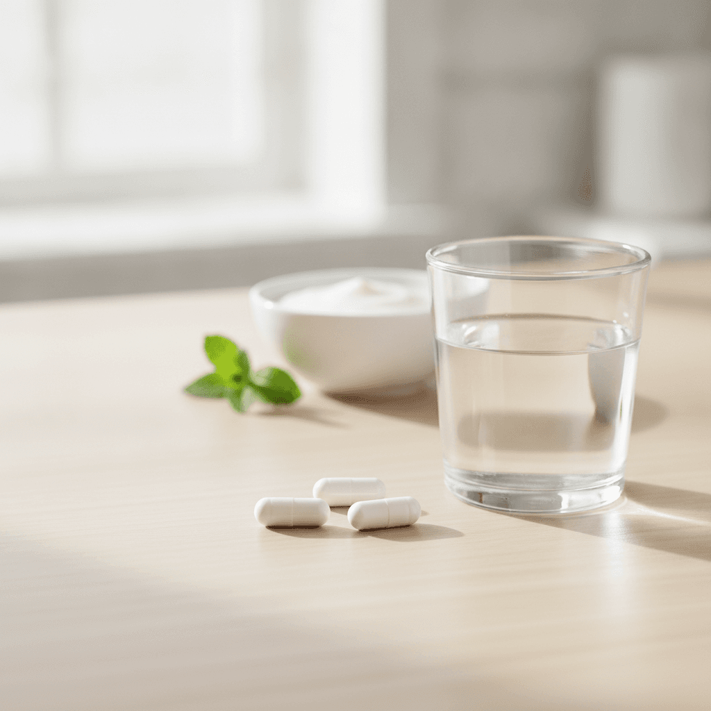 Best probiotic for bloating: three white capsules beside a glass of water, with a bowl of plain yogurt and a sprig of mint on a pale wooden table