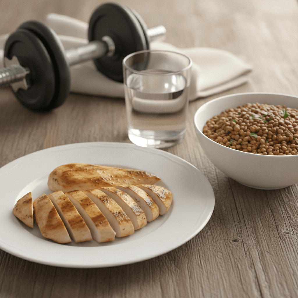 A plate of sliced grilled chicken, a bowl of lentils and a glass of water on a wooden table, dumbbells behind them