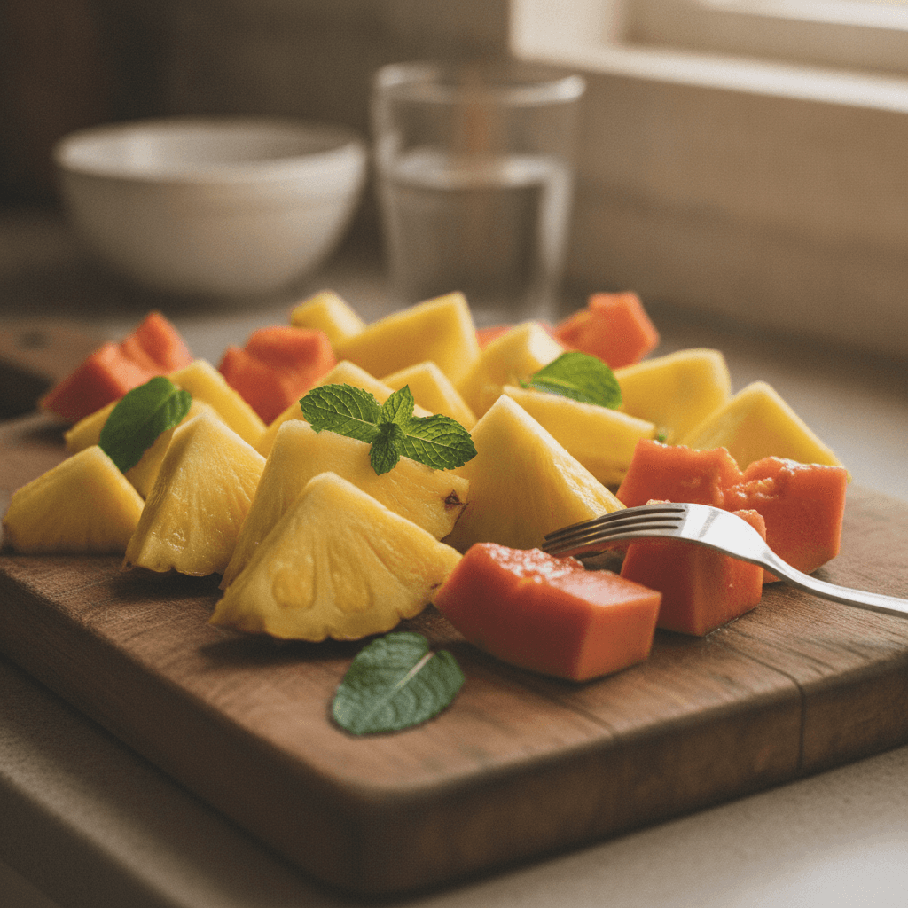 Sliced fresh pineapple and papaya on a wooden board with a fork and mint leaves
