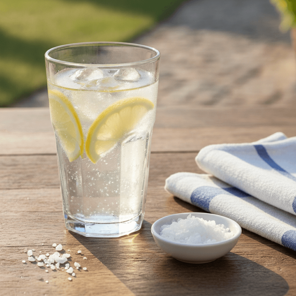 A tall glass of water with lemon slices and a small dish of sea salt on a sunlit outdoor table