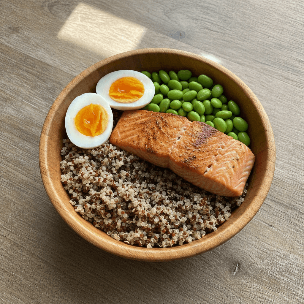 A bowl of quinoa, grilled salmon, sliced boiled eggs and edamame on a wooden table