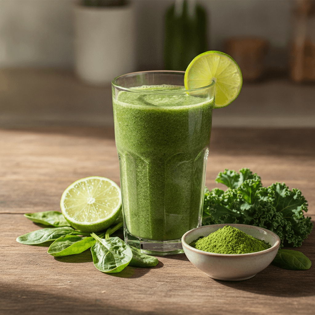 A green smoothie beside fresh spinach, kale, a wedge of lime and a bowl of green powder on a wooden table