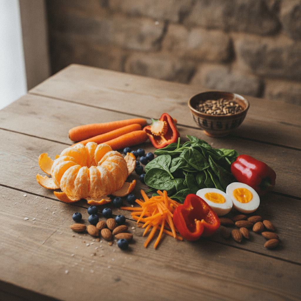 A colourful spread of oranges, blueberries, spinach, carrots, peppers, almonds and eggs on a wooden table