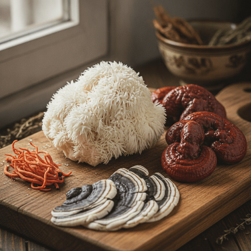 Lion's mane, reishi, cordyceps and turkey tail mushrooms on a rustic wooden board