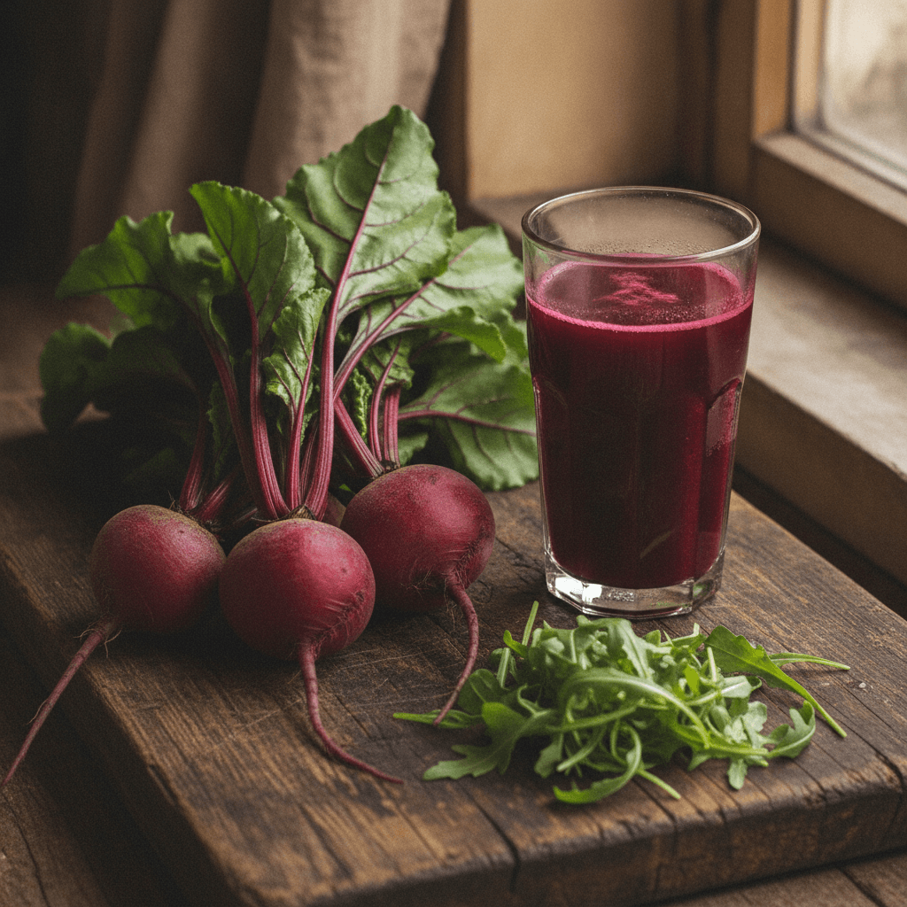 Fresh beetroots with their leaves, a glass of beet juice and a handful of arugula on a wooden board