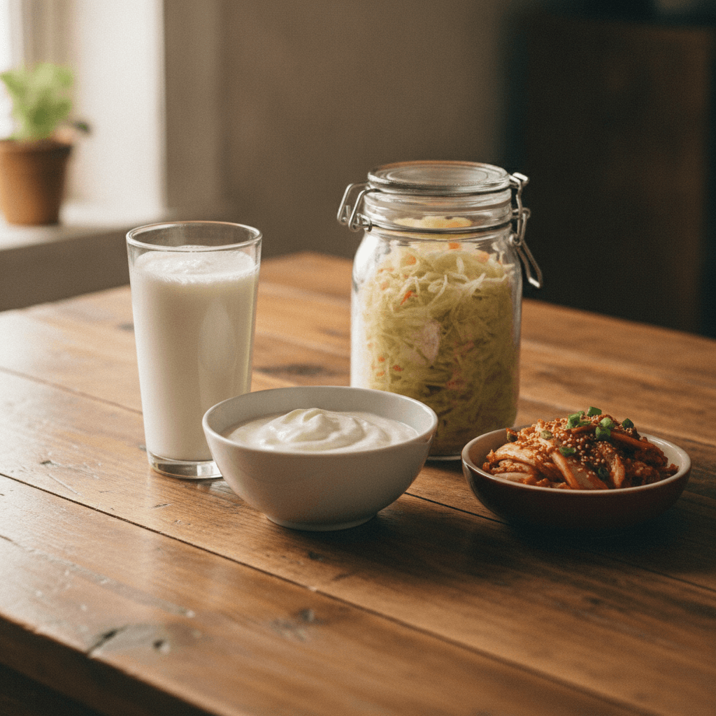 A glass of kefir, a bowl of yogurt, a jar of sauerkraut and a dish of kimchi on a wooden kitchen table