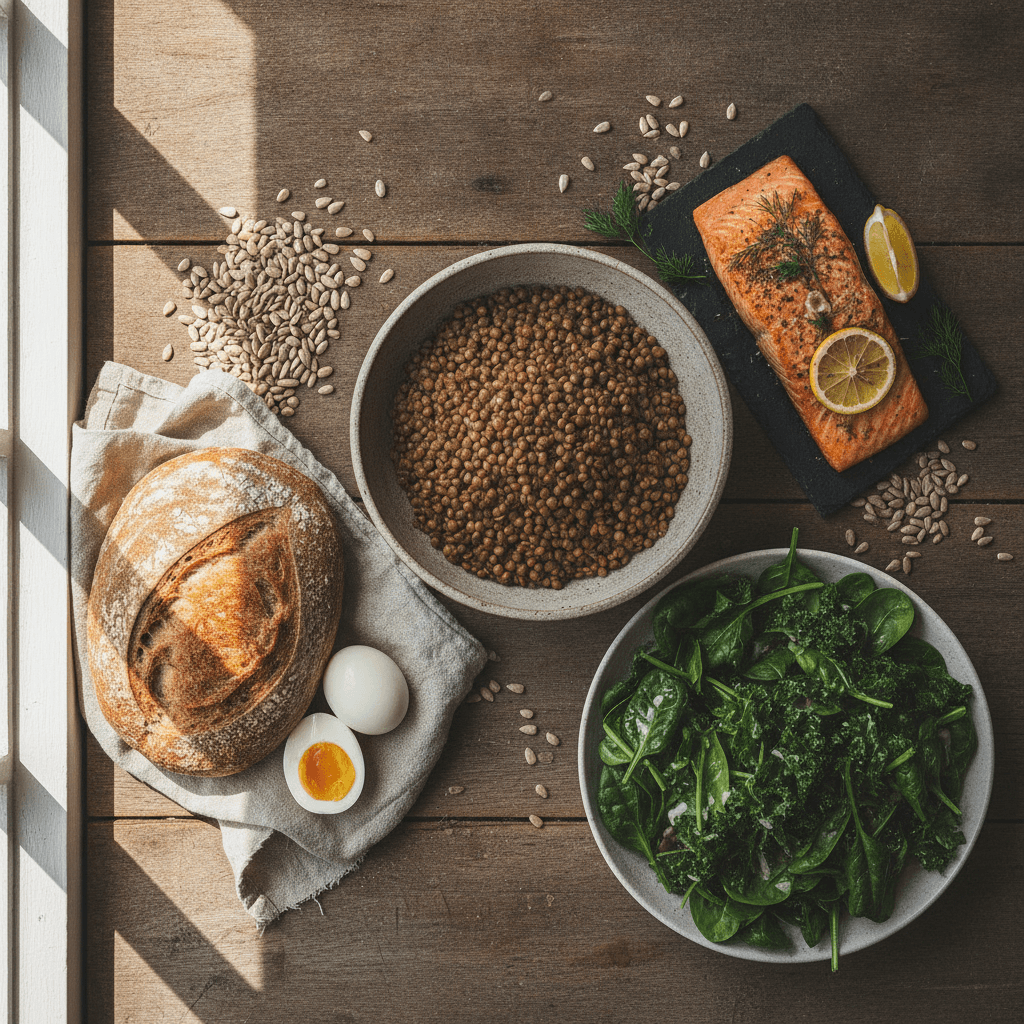 Lentils, whole grain bread, eggs, a salmon fillet, leafy greens and sunflower seeds on a wooden table