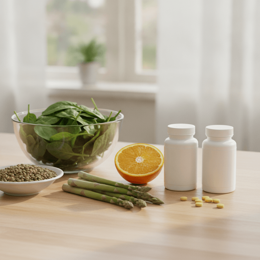 Folate vs folic acid: a bowl of fresh spinach, green lentils, asparagus spears and half an orange beside two white supplement bottles and small yellow tablets