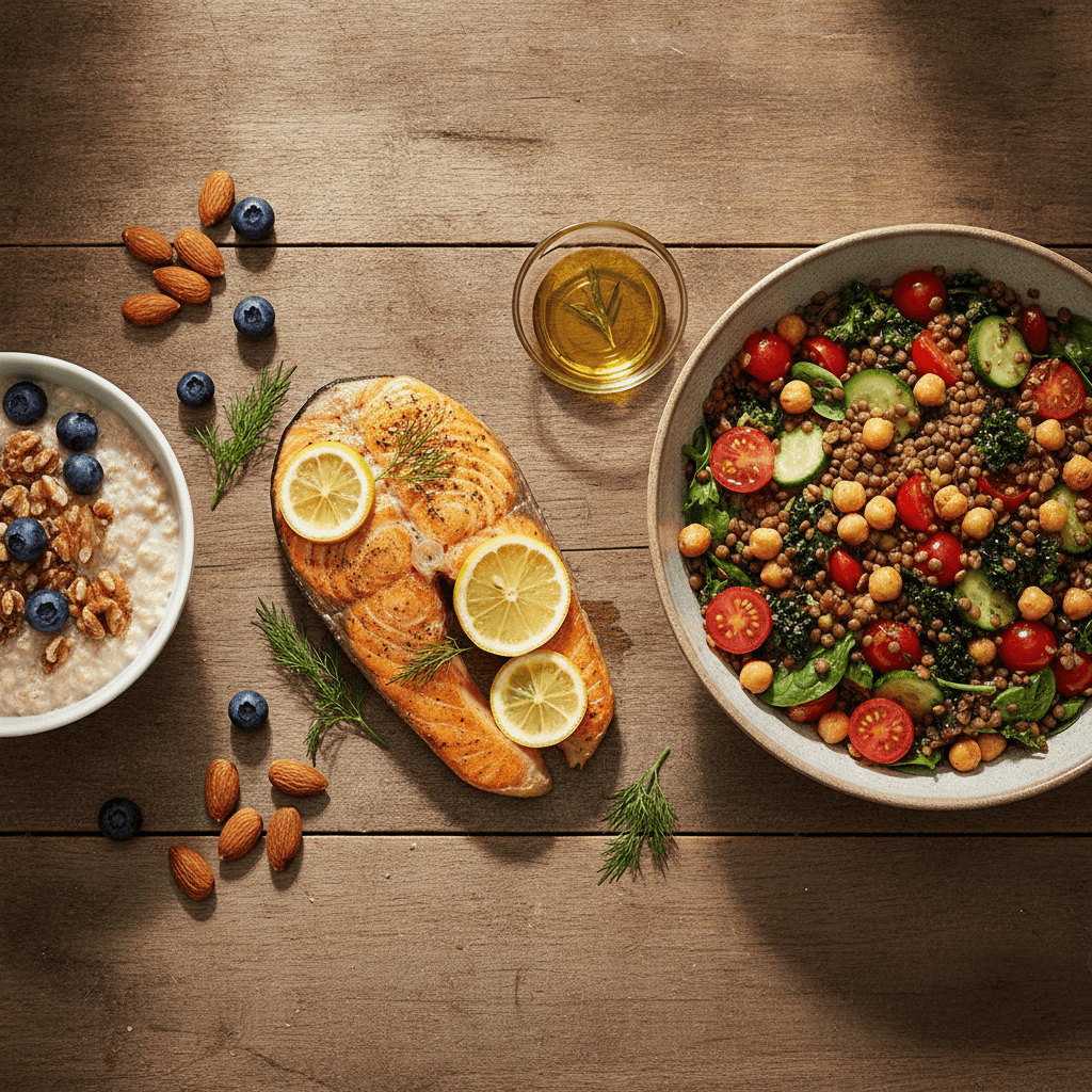 Heart healthy diet: baked salmon with lemon, a lentil and chickpea salad, oatmeal with walnuts and blueberries, almonds and olive oil on a wooden table