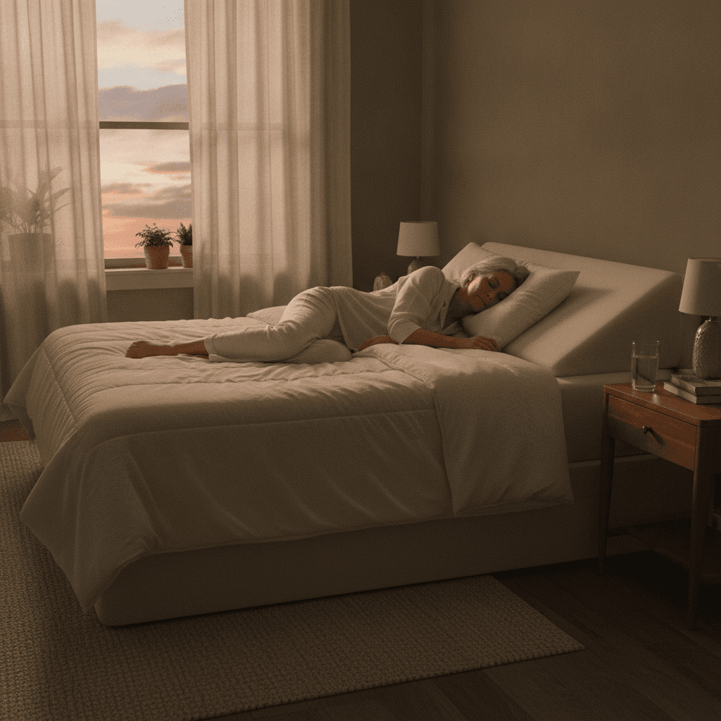 Home remedies for acid reflux: a woman asleep on her side in a bed raised at the head on a wedge, with a glass of water on the bedside table
