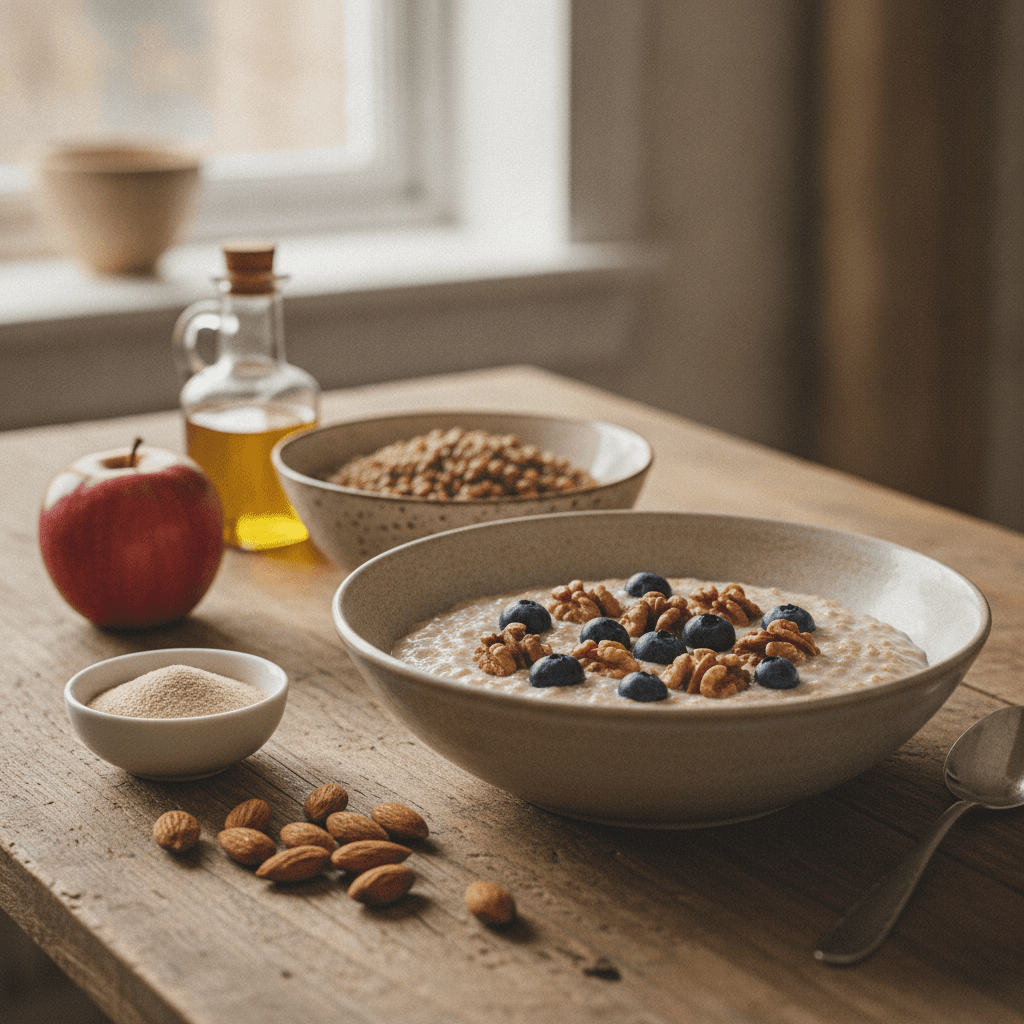 How to lower LDL cholesterol: oatmeal topped with walnuts and blueberries beside psyllium husk, lentils, almonds, an apple and a bottle of olive oil on a wooden table