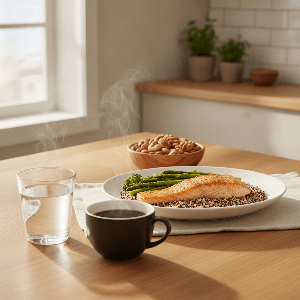 Intermittent fasting: a glass of water and black coffee on a sunlit kitchen table, a plate of salmon, quinoa and asparagus waiting behind them