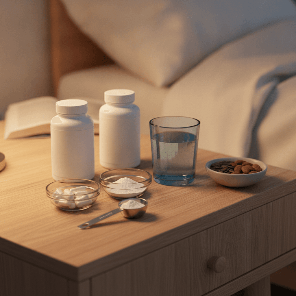 Magnesium glycinate vs citrate: white capsules and a dish of fine white powder with a measuring scoop beside two bottles, a glass of water and almonds on a nightstand