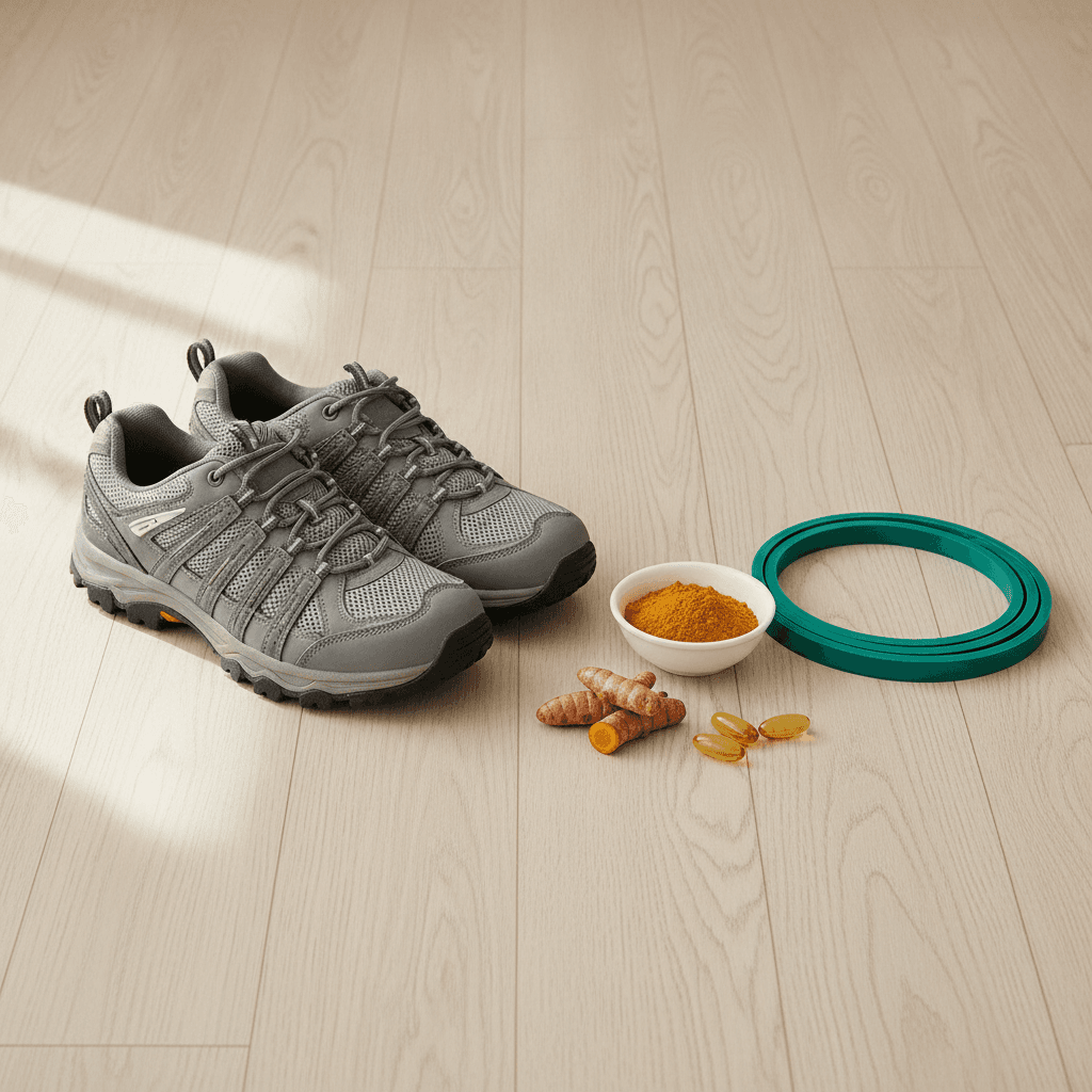 Natural remedies for joint pain and inflammation: walking shoes, a bowl of turmeric powder, fresh turmeric root, golden softgels and a green exercise band