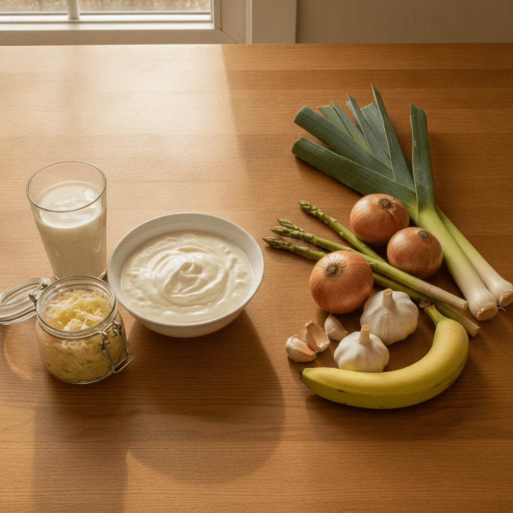 Probiotics vs prebiotics: kefir, yogurt and sauerkraut on one side of a wooden table, onions, garlic, leeks, asparagus and a banana on the other