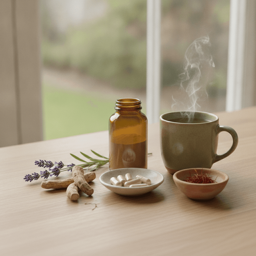 Stress anxiety relief supplements: an amber bottle and white capsules beside lavender, ashwagandha root, saffron threads and a steaming cup of green tea