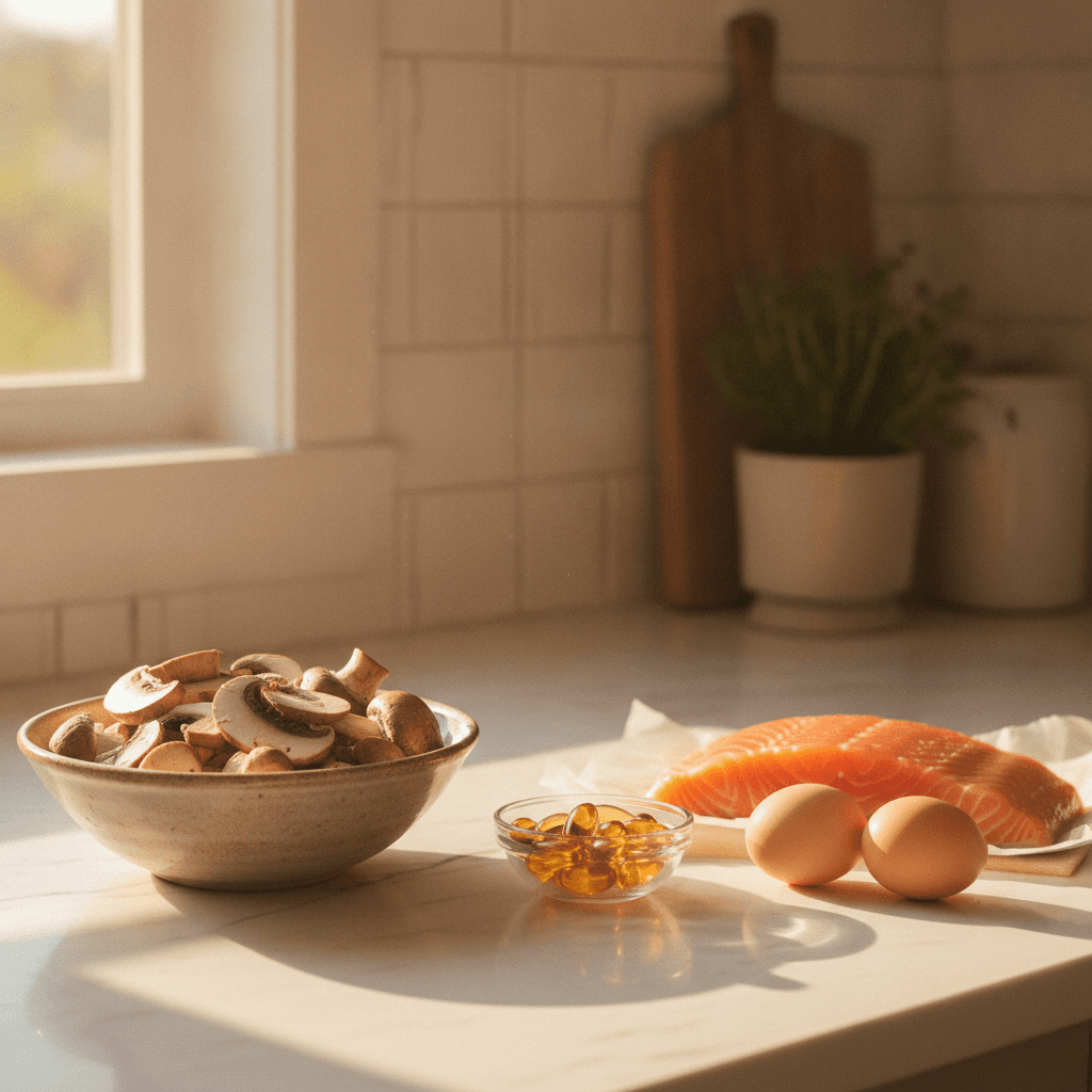 Vitamin D2 vs D3: a bowl of sliced mushrooms, a dish of golden softgels, a salmon fillet and two eggs on a sunlit kitchen counter