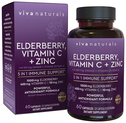 Viva Naturals Elderberry with Vitamin C and Zinc for Adults - 5 in 1 Sambucus Black Elderberry Capsules with Vitamin D3 5000 IU Immunity Supplement, Sambucus Elderberry Immune Support Supplement bottle