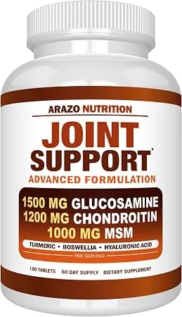 Arazo Nutrition Glucosamine Chondroitin Turmeric Msm Boswellia - Joint Support Supplement for Relief for Bones, Back, Knees, Hands (180 Tablets) bottle