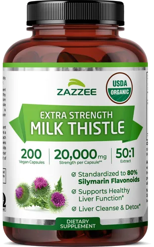 Zazzee USDA Organic Milk Thistle 50:1 Extract, 200 Vegan Capsules bottle