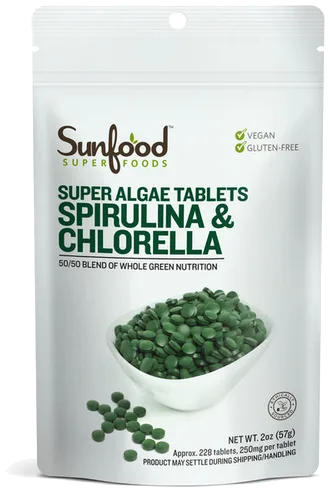 Sunfood Chlorella and Spirulina tablets bottle
